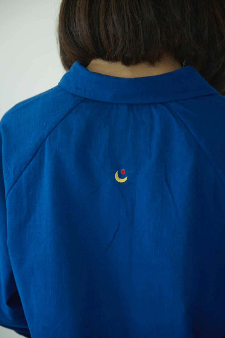 A setup made with blue cotton with collared shirt and half elasticated pants in a deep shade of blue