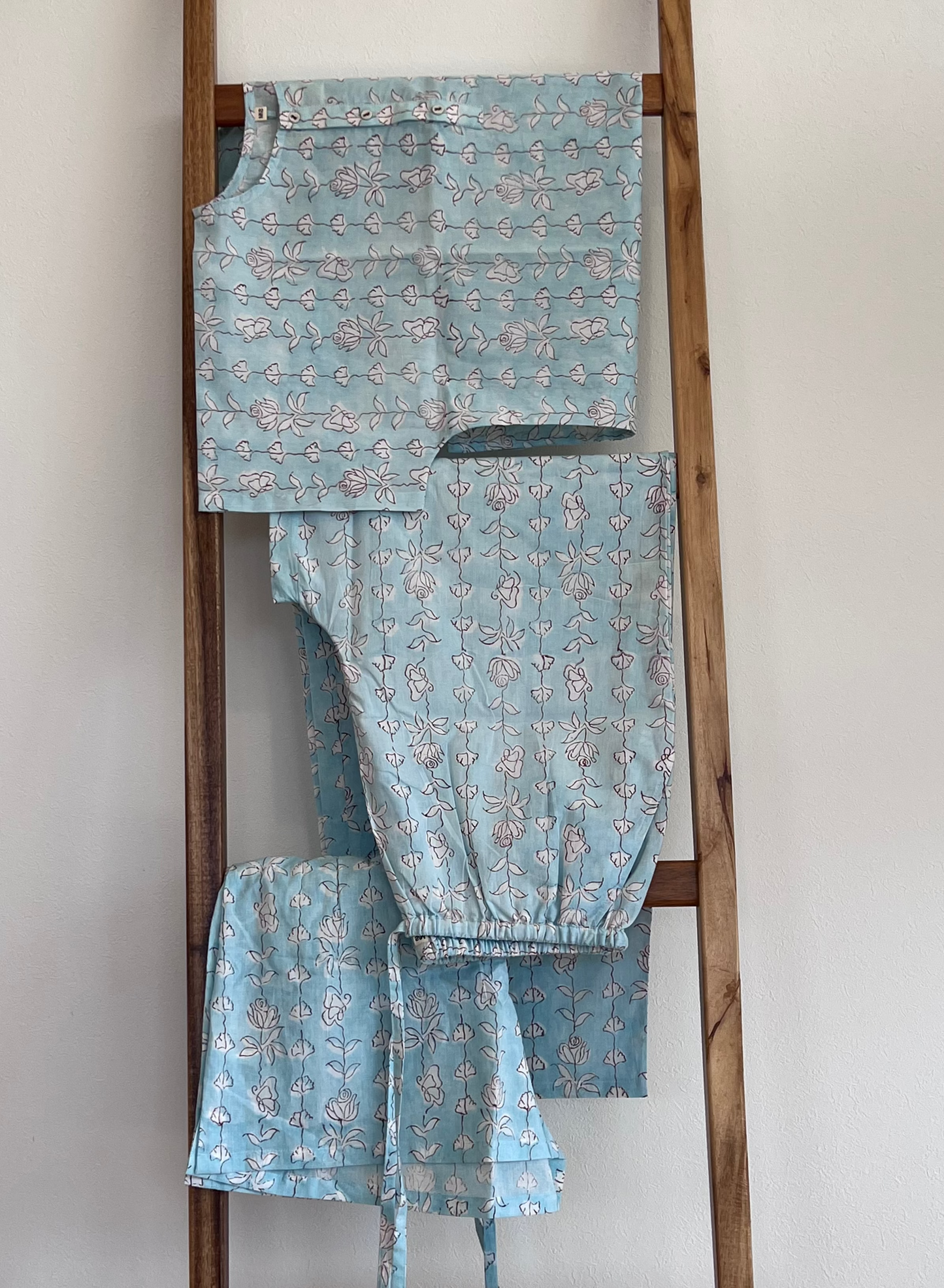 Blue handblock print cotton lounge set top