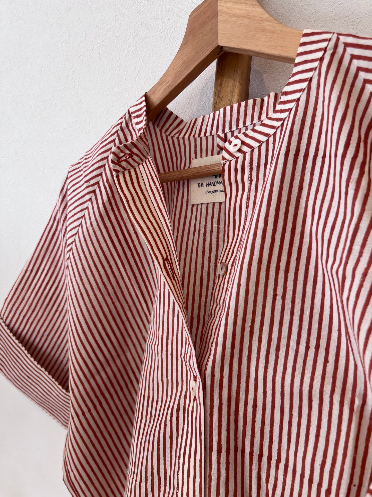 Coordinate set in brown stripes with half sleeves shirt and eslasticated drawstring pants for women, made with hand block print cotton