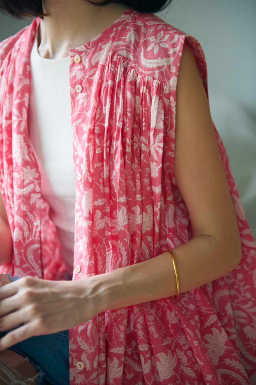 Around town button down handblock print cotton maxi dress in pink