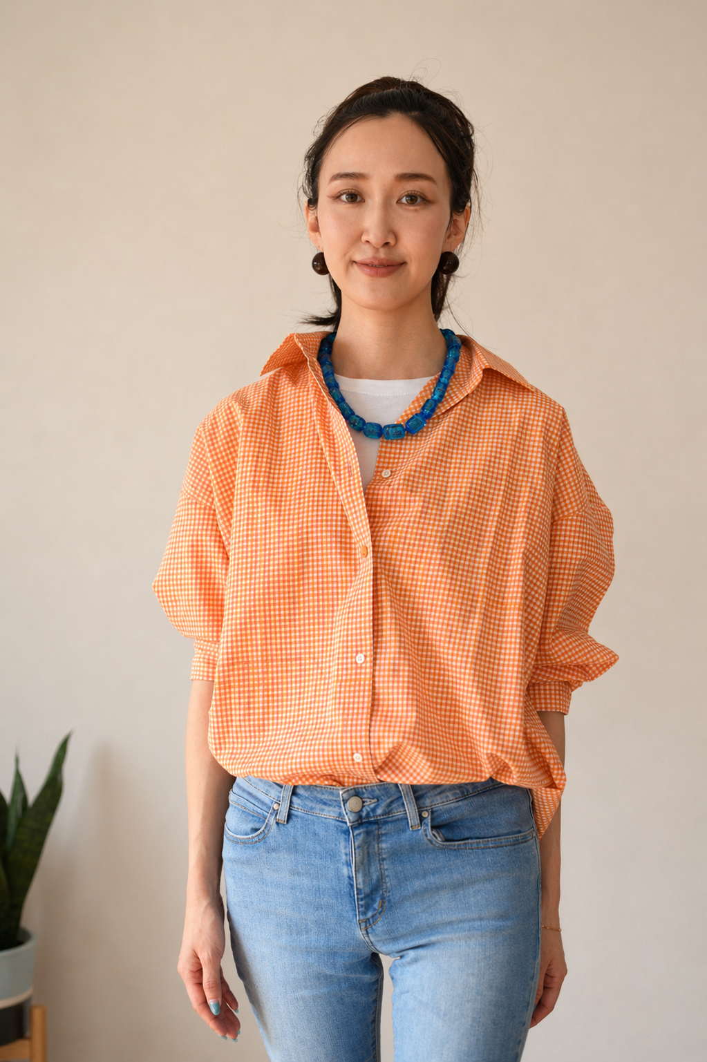 Sunday relaxed cotton shirt in peach check