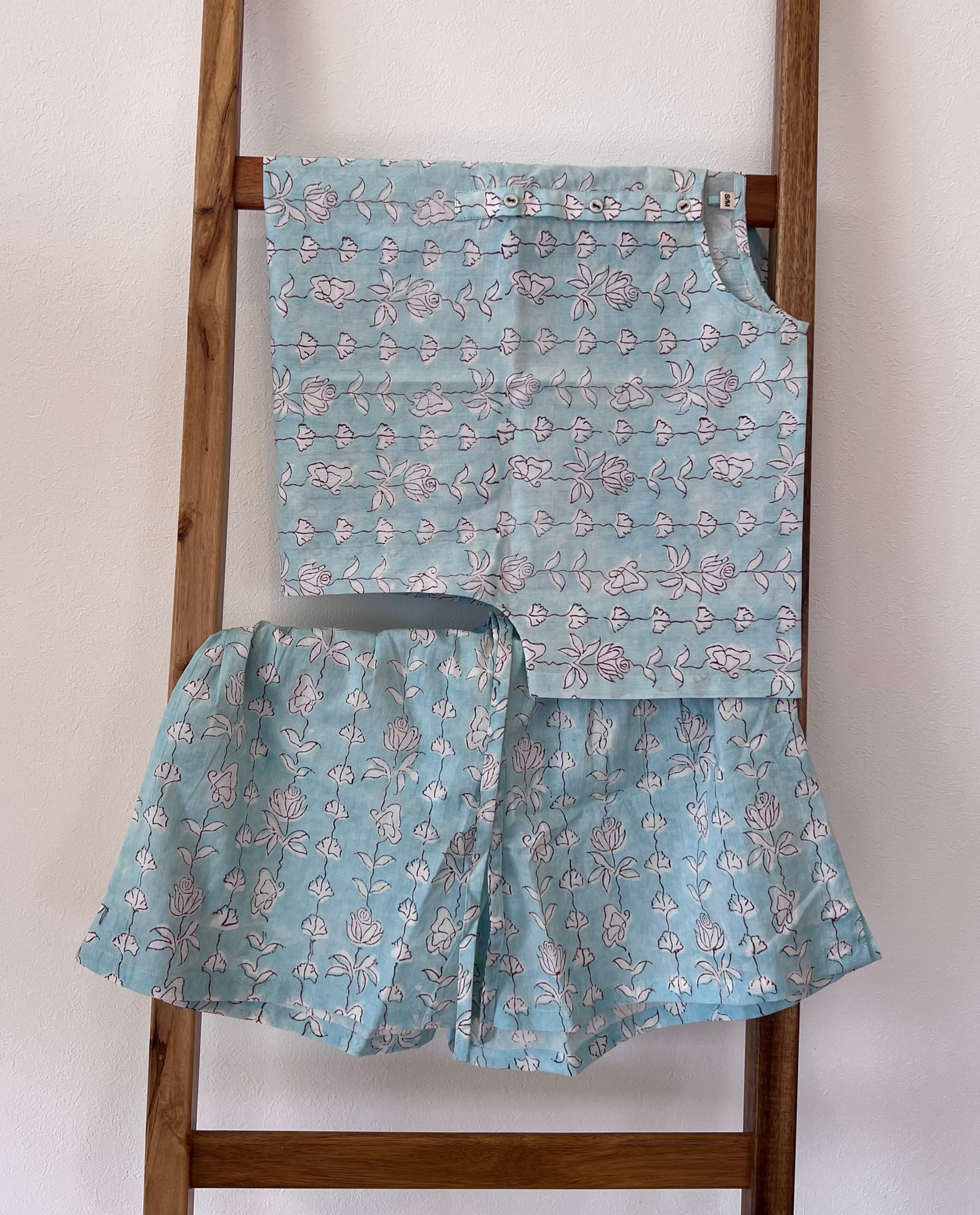 blue hand block print cotton lounge set with shorts