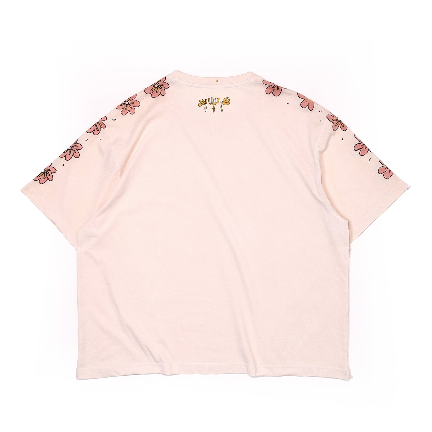 Ecru colour organic cotton t-shirt with hand painted flowers on shoulder and sleeves using natural madder extracts