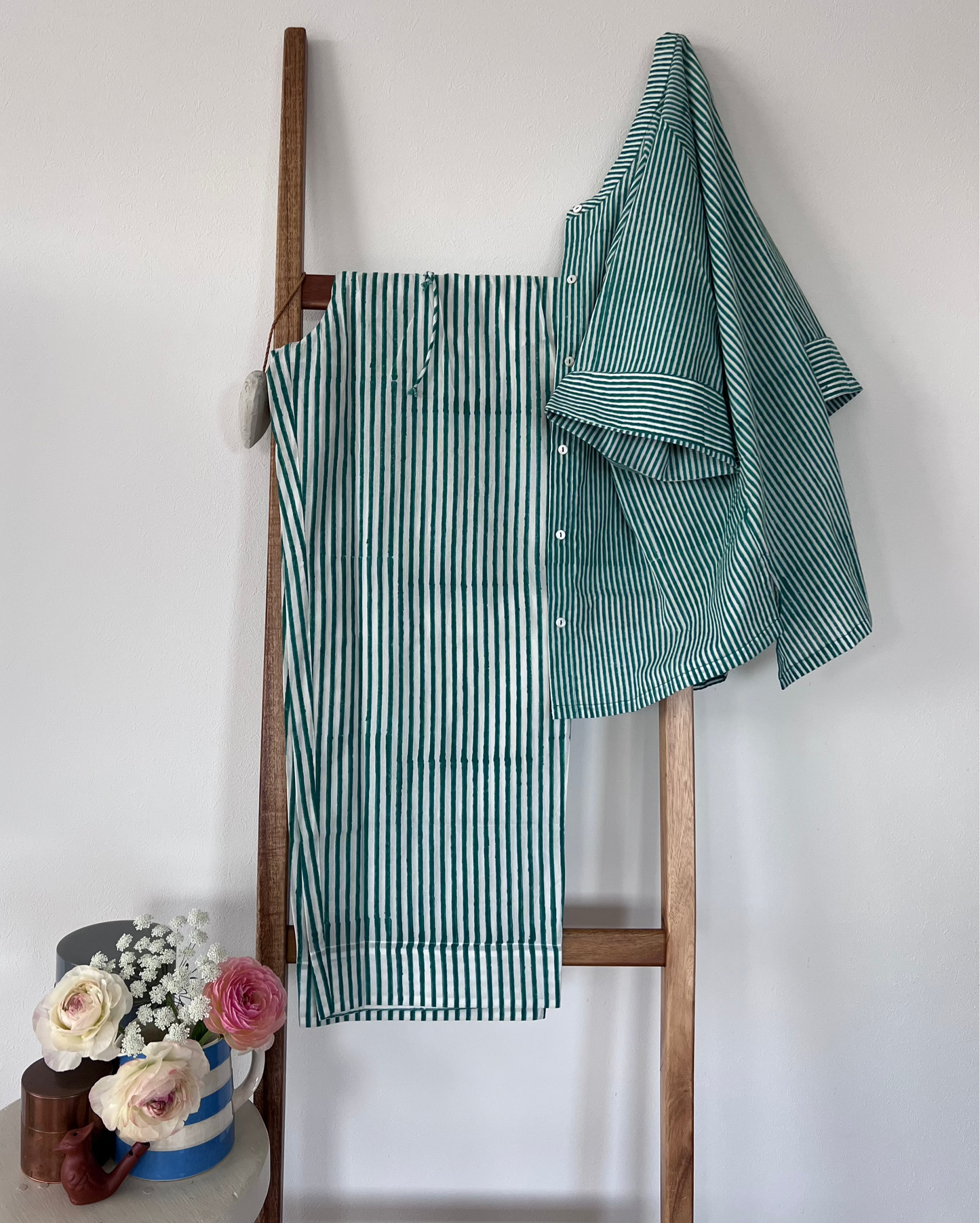striped shirt with coordinated stripe pants in green made with hand block print cotton