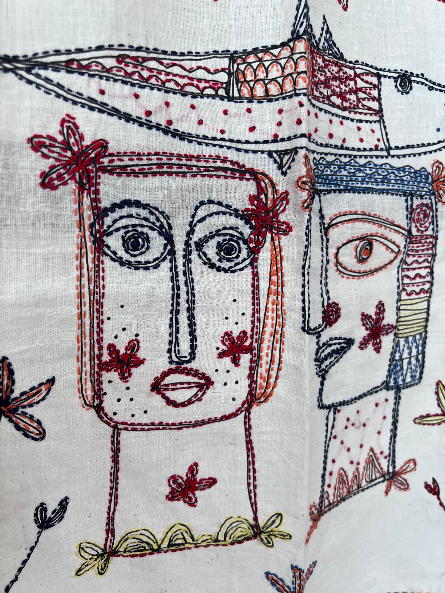 Fine khadi cotton tribal art kantha hand embroidered scarf