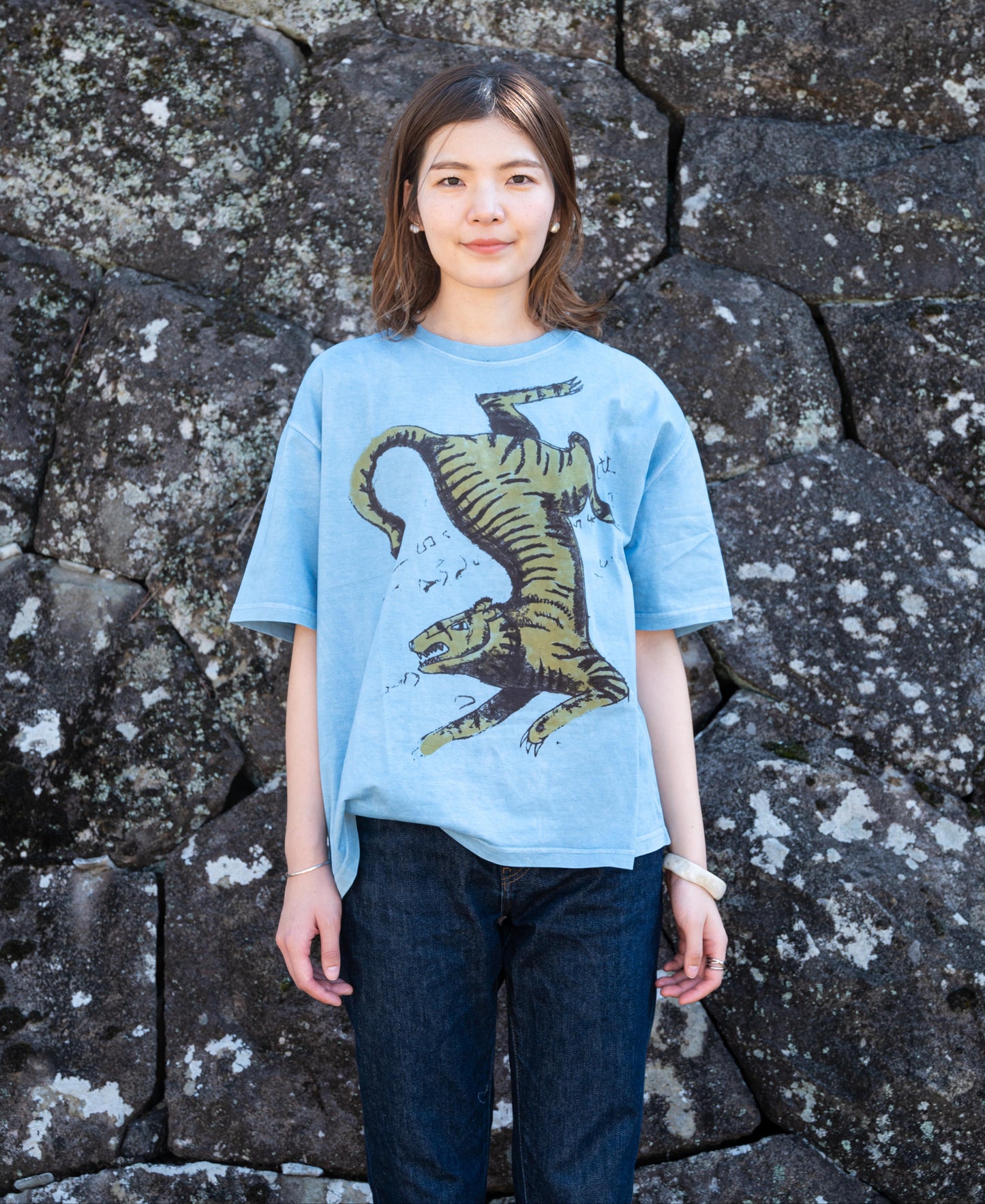 ice blue natural indigo dye organic cotton t-shirt with tiger print