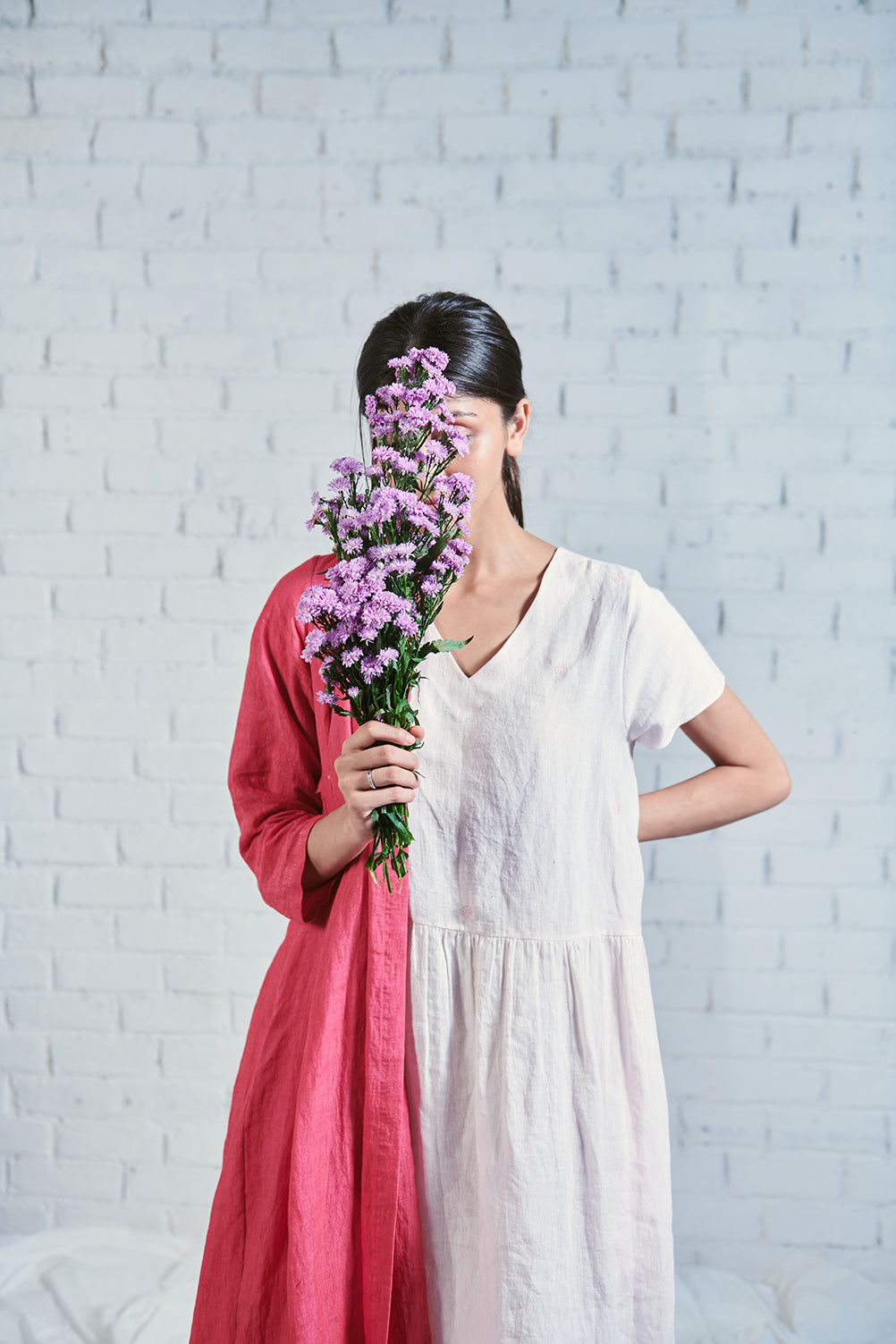 Delicate pink linen day dress with embroidery