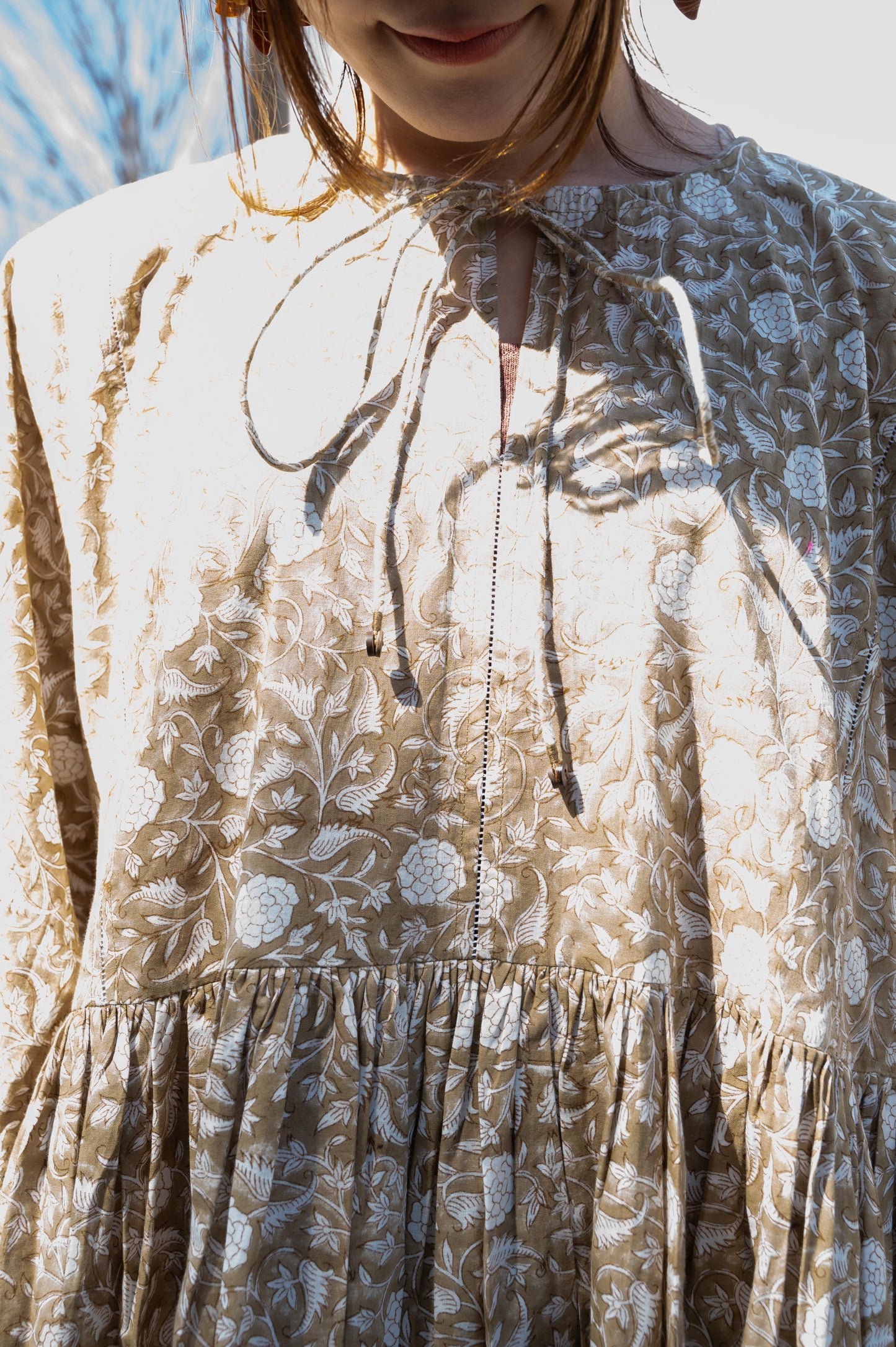 olive coloured hand block print summer dress midi length