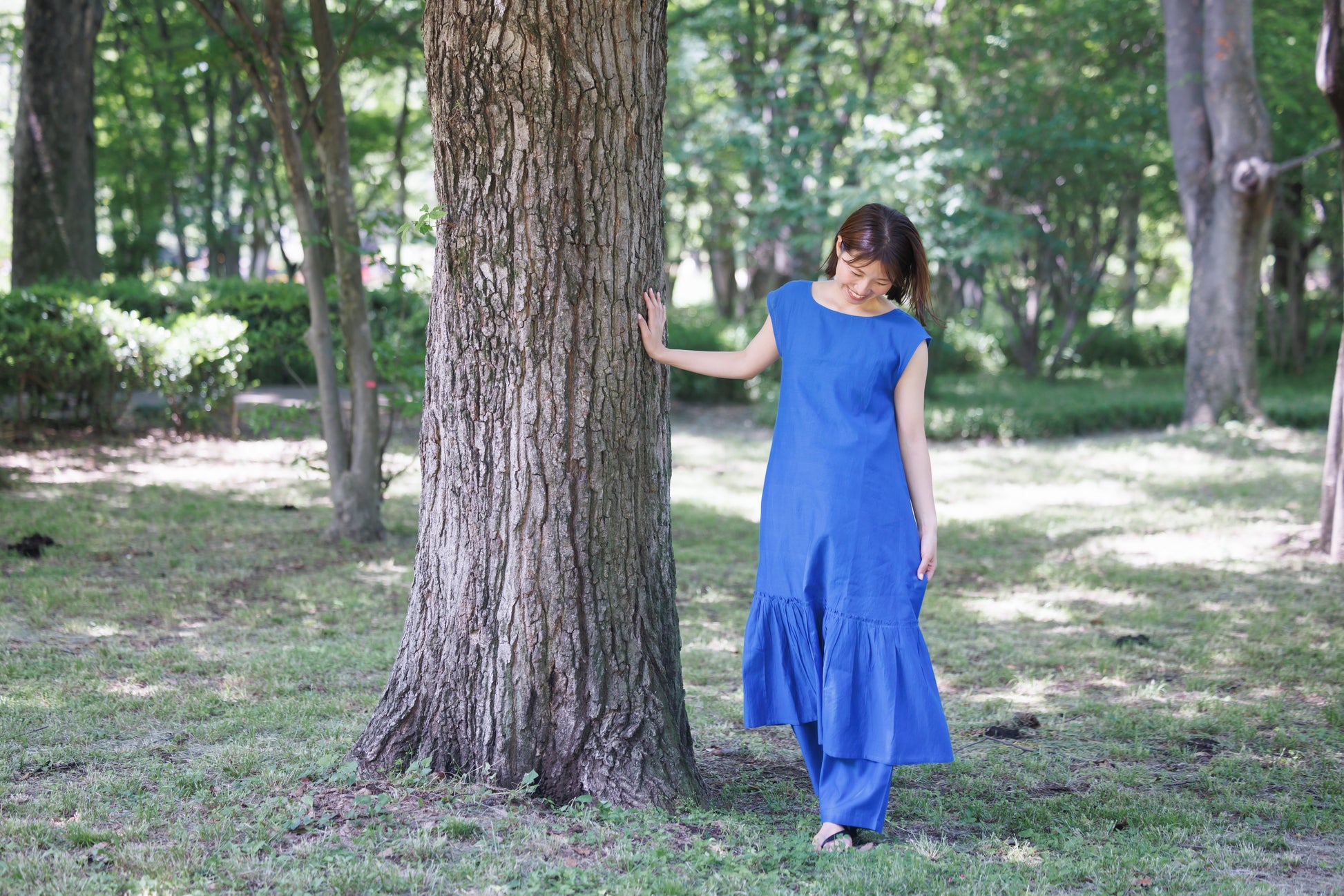 bright blue shift dress with tier hem and scoop back