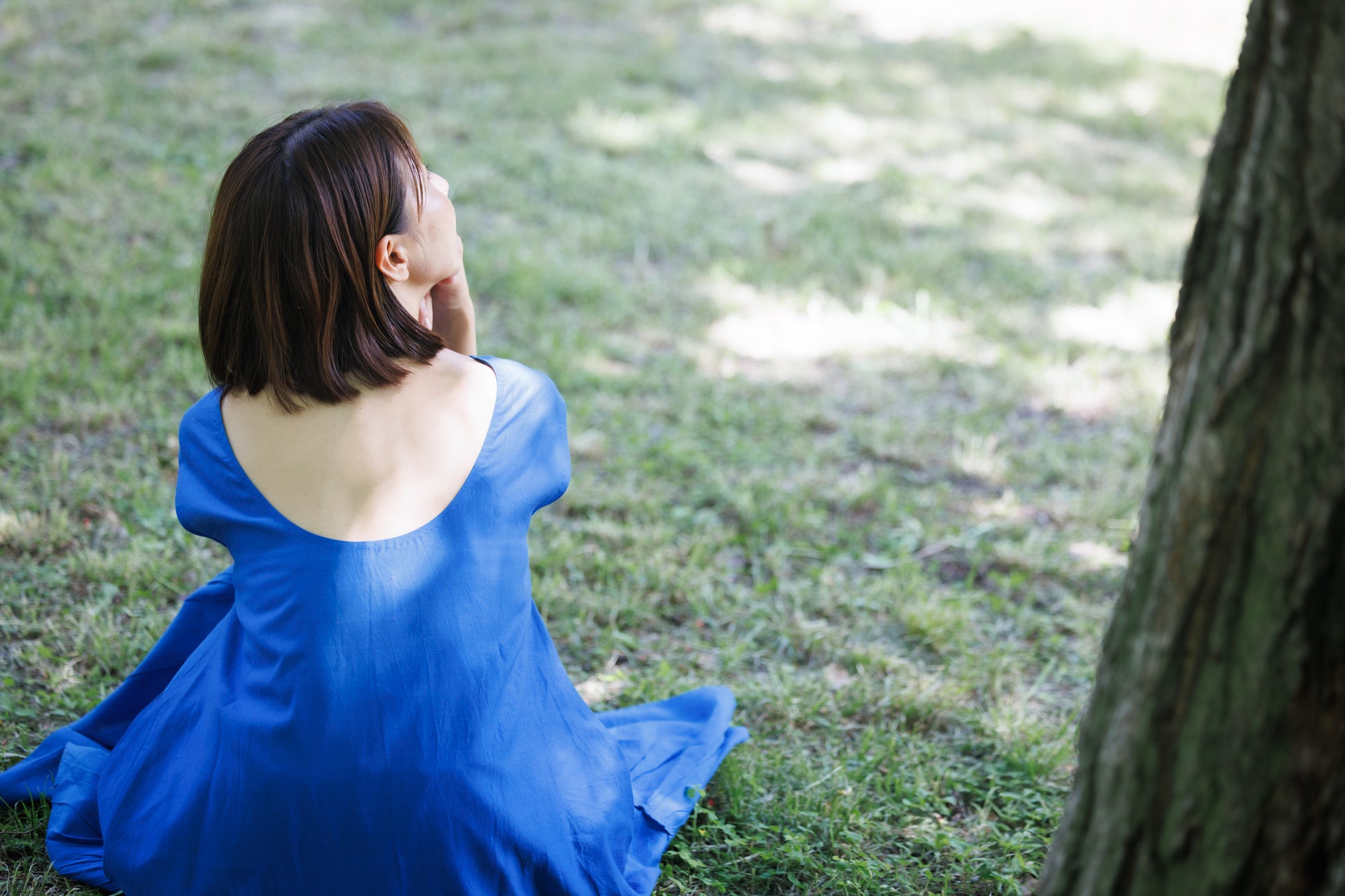 bright blue shift dress with tier hem and scoop back