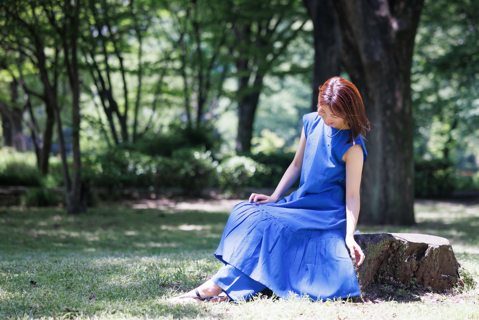 bright blue shift dress with tier hem and scoop back