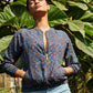Hand block print. Ajrakh technique. HAnd made in India. Hand embroidered mirror work. Bomber jacket for women. Available in Japan.