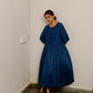 Deep blue fit and flare handwoven linen silk midi dress for women. Available in Japan.
