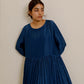 Deep blue fit and flare handwoven linen silk midi dress for women. Available in Japan.
