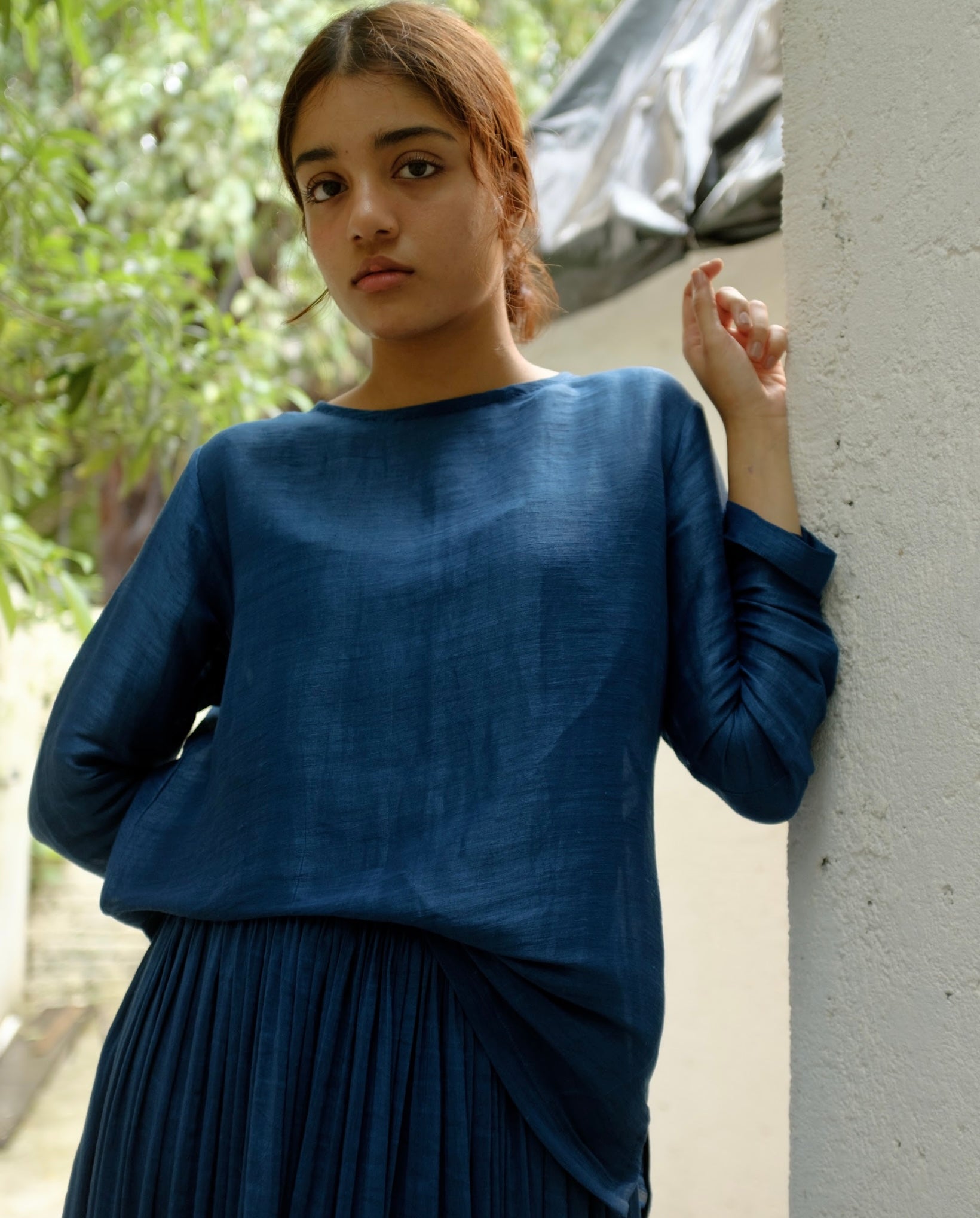 Deep blue full sleeve relaxed fit handwoven linen silk top for women. Available in Japan. 