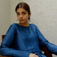 Deep blue full sleeve relaxed fit handwoven linen silk top for women. Available in Japan. 
