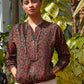 Hand block print. Ajrakh technique. HAnd made in India. Hand embroidered mirror work. Bomber jacket for women. Available in Japan. Red