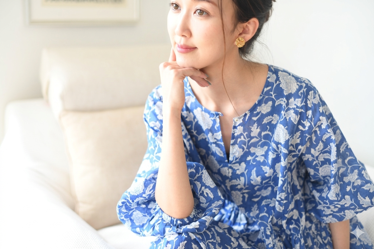 Woman wearing a blue floral dress sitting on a white couch.