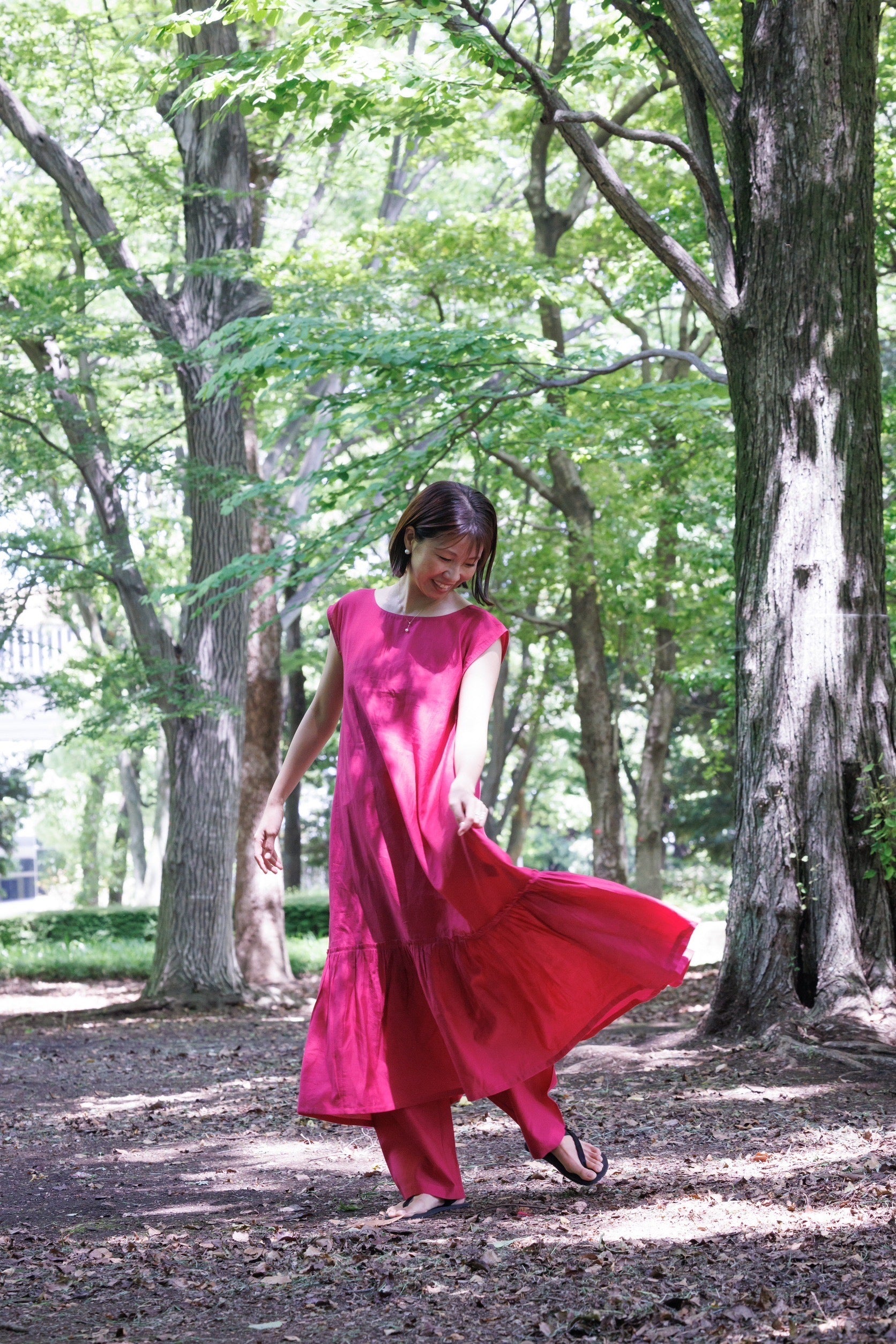 bright pink shift dress with flare hem and scoop back