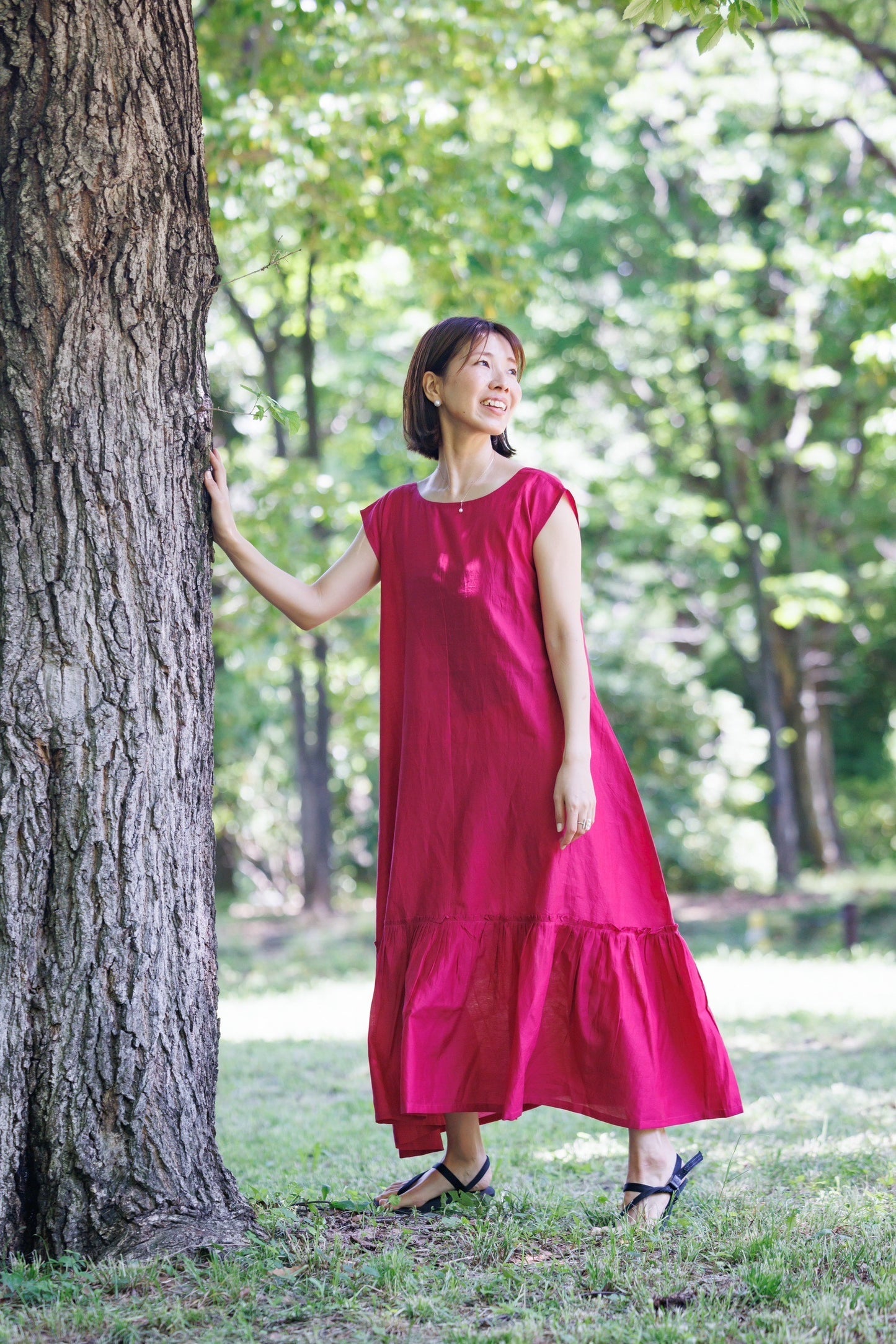 bright pink shift dress with flare hem and scoop back