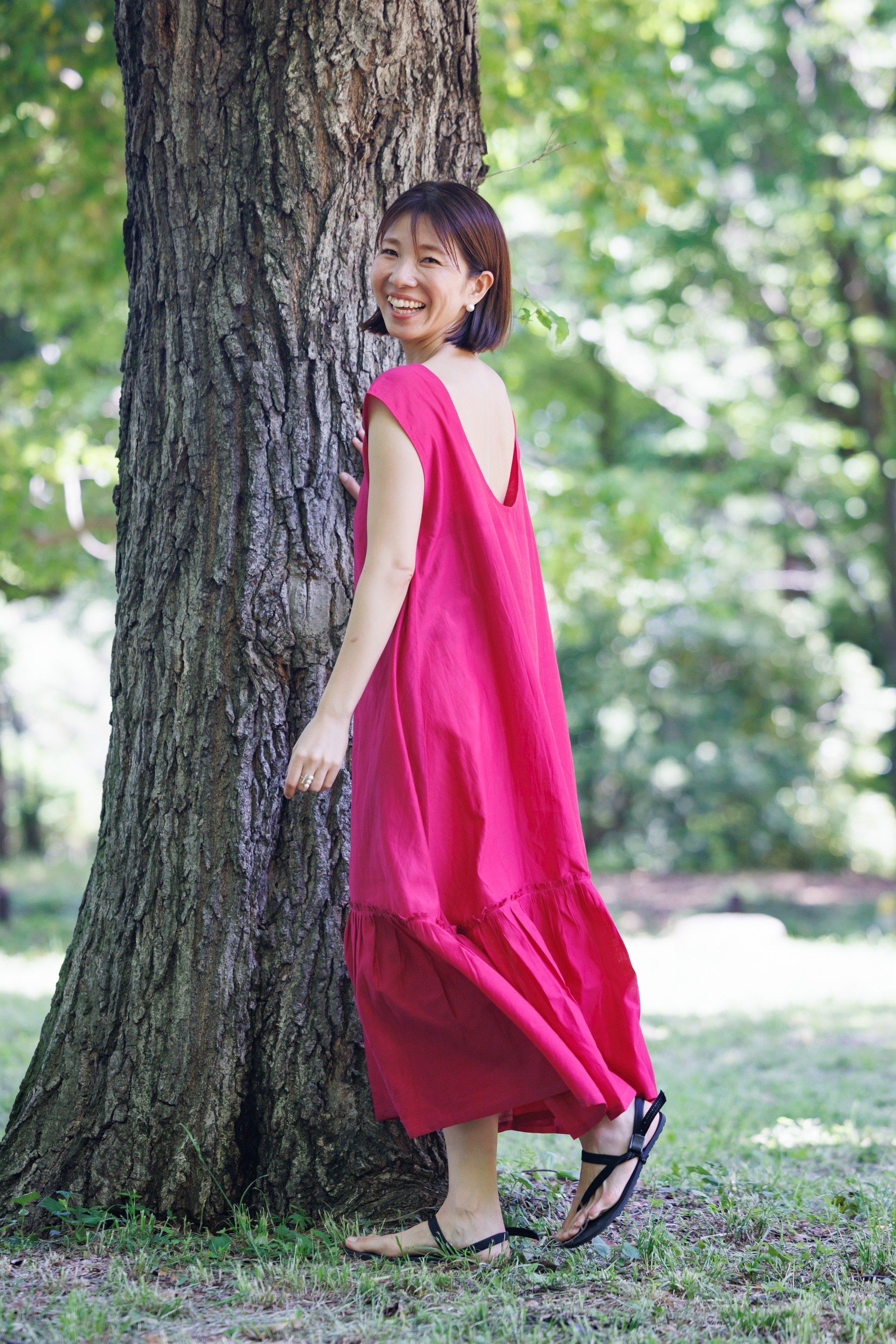 bright pink shift dress with flare hem and scoop back