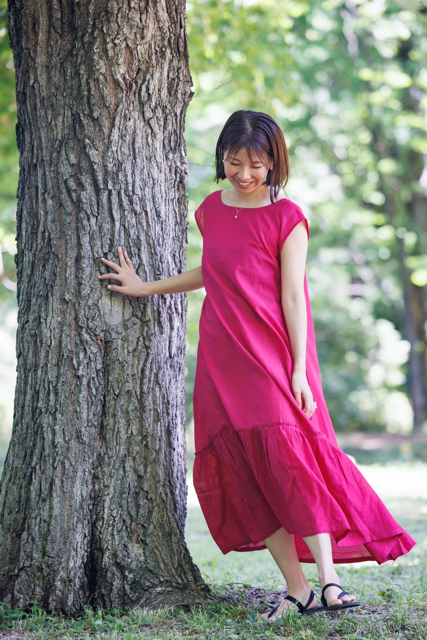 bright pink shift dress with flare hem and scoop back