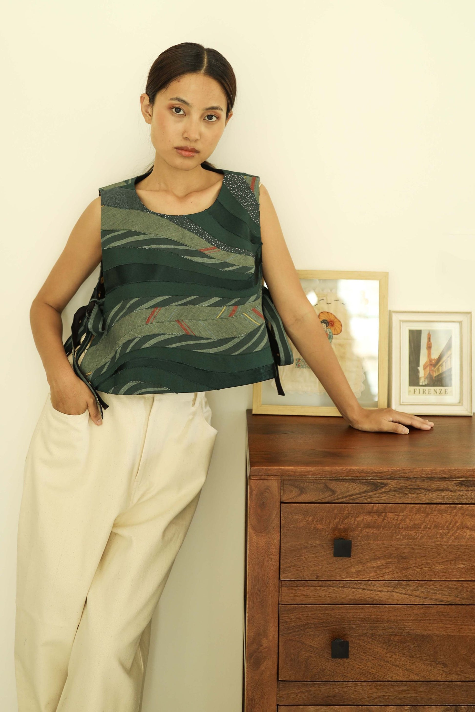 artist made one of a kind green patchwork overlay bib vest. available in japan. 
