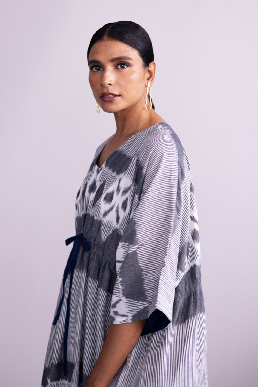 Grey Ikat cotton drawstring maxi kaftan dress