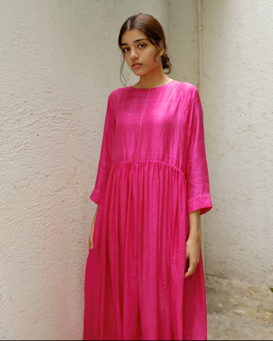Hot pink flare midi silk dress. Available in Japan.