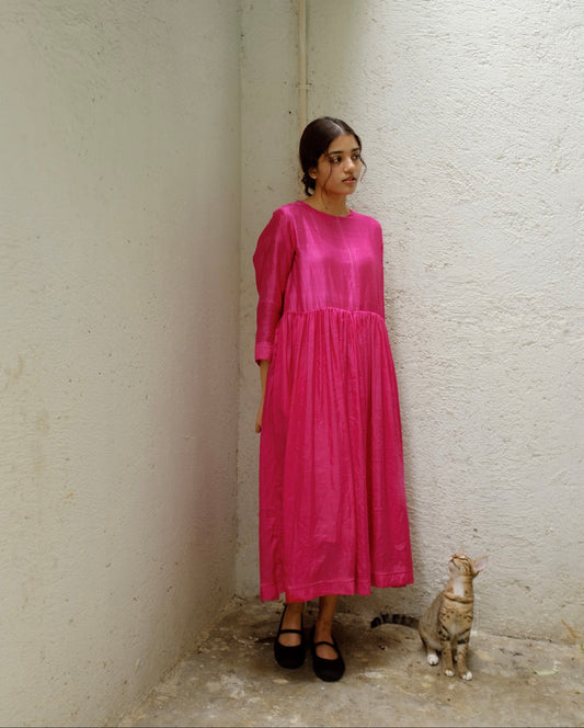 Hot pink flare midi silk dress. Available in Japan.