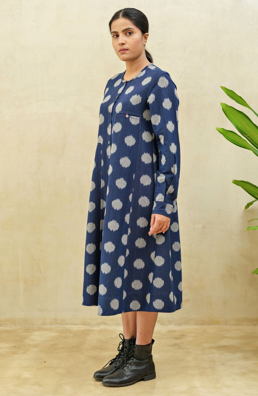 ink blue ikat weave wool cotton mix fabric button down midi dress. for women. Available in japan. 