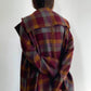 Handwoven soft merino wool long jacket in berry coloured checks. 肌寒い時期にぴったりのチェックのロングジャケットは、手織りのメリノウールで作られています