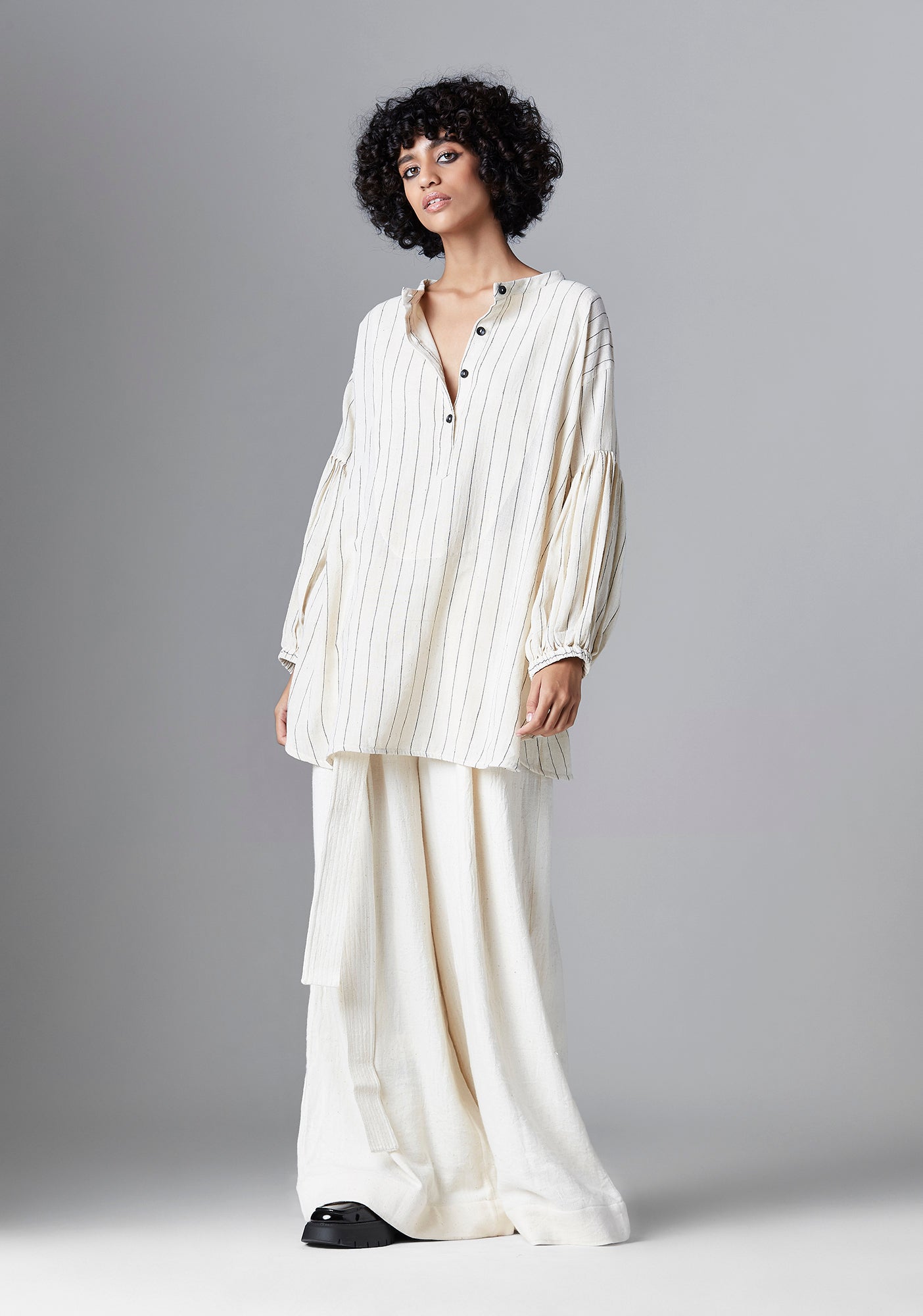 Off white stripe cotton shirt with bishop sleeves
