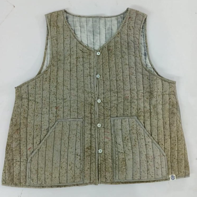 grey reversible sleeveless quilted jacket with natural dye shibori 