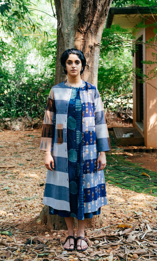 wool cotton mix fabric in ikat weave reversible long jacket