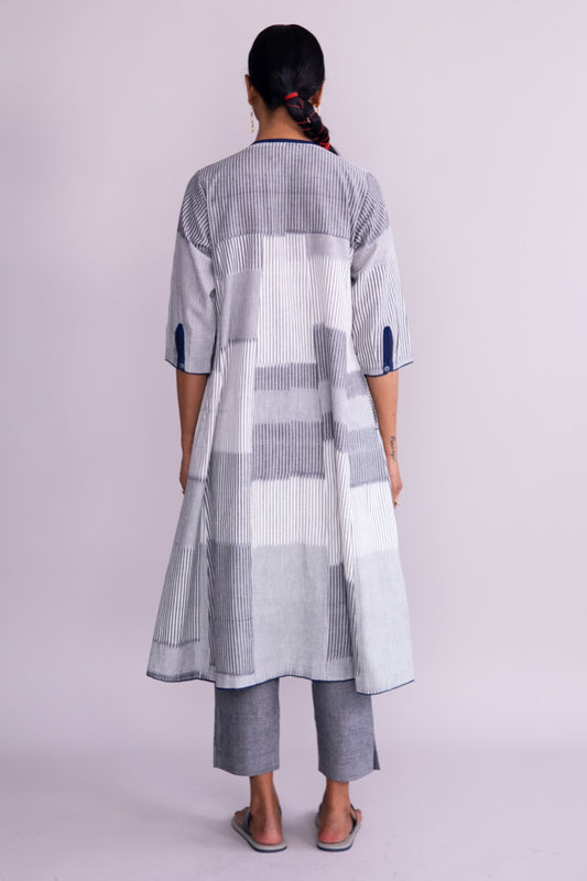 Grey Ikat button down cotton midi dress