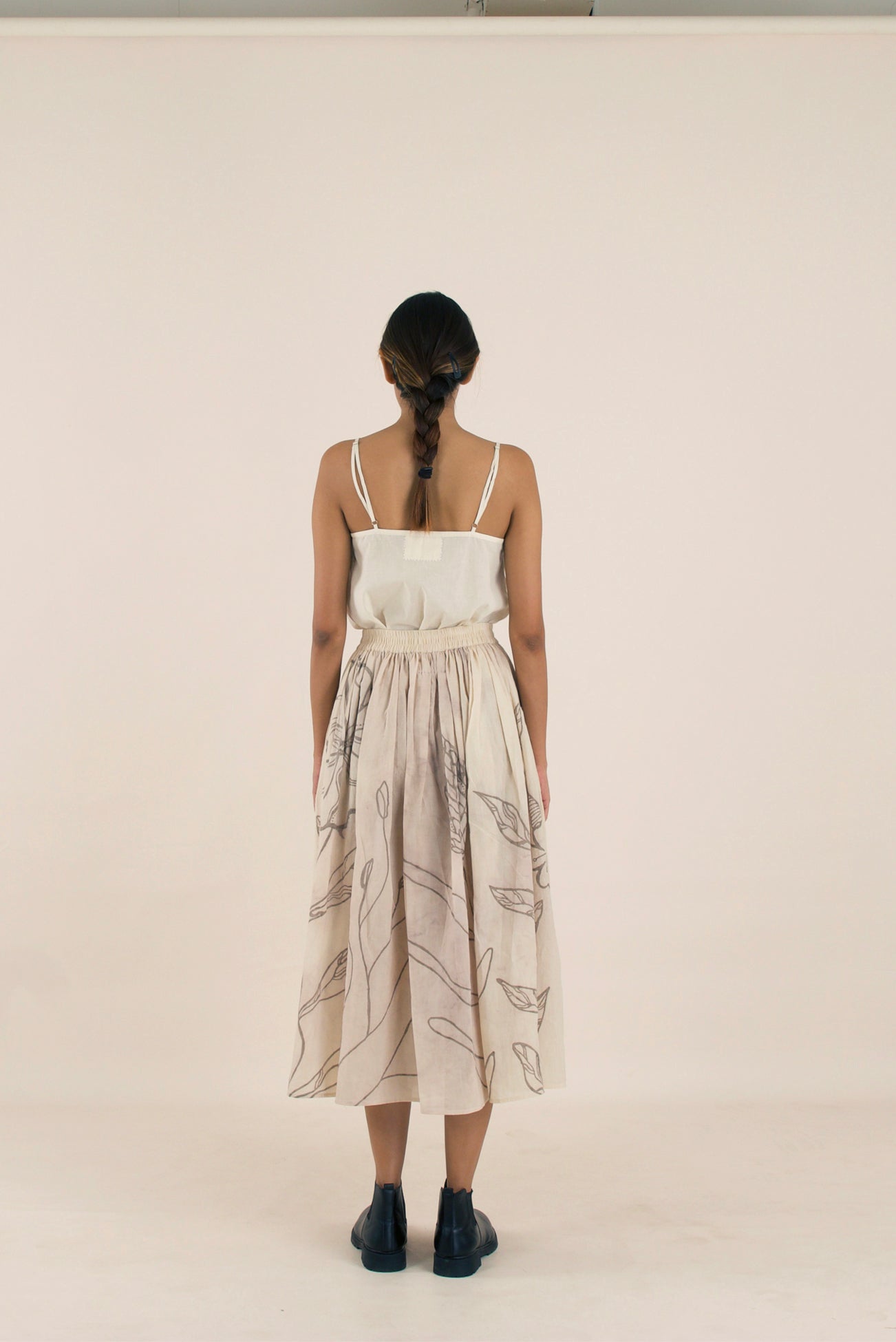 Dance hand painted off-white cotton flare midi skirt