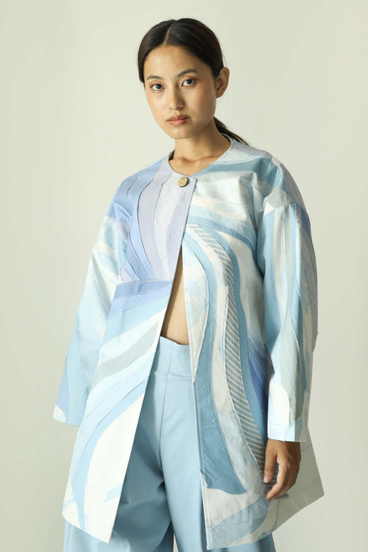 one of a kind light blue patchwork jacket. artist collaboration. available in Japan