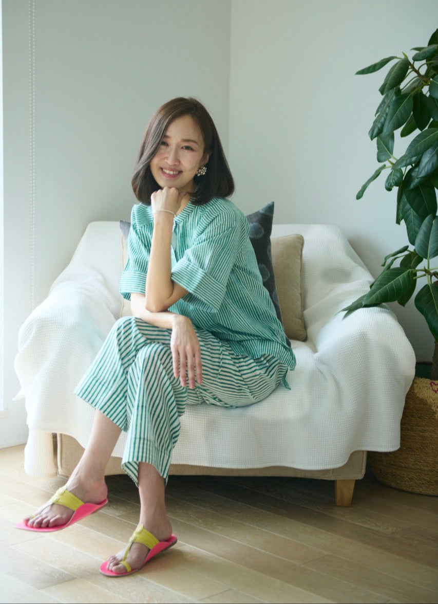 Coordinate set up in green stripes with half sleeves shirt and eslasticated drawstring pants for women, made with hand block print cotton