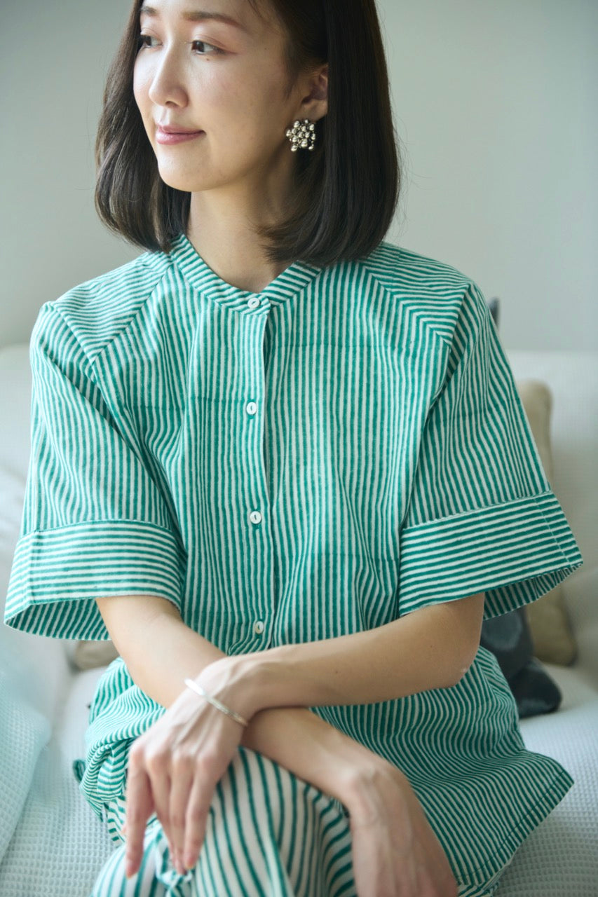 Coordinate set up in green stripes with half sleeves shirt and eslasticated drawstring pants for women, made with hand block print cotton