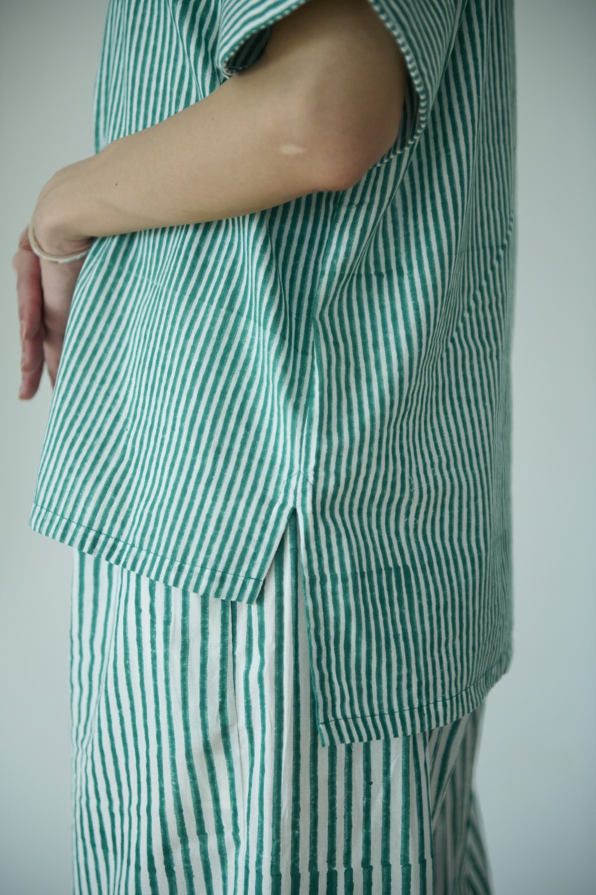 Coordinate set up in green stripes with half sleeves shirt and eslasticated drawstring pants for women, made with hand block print cotton