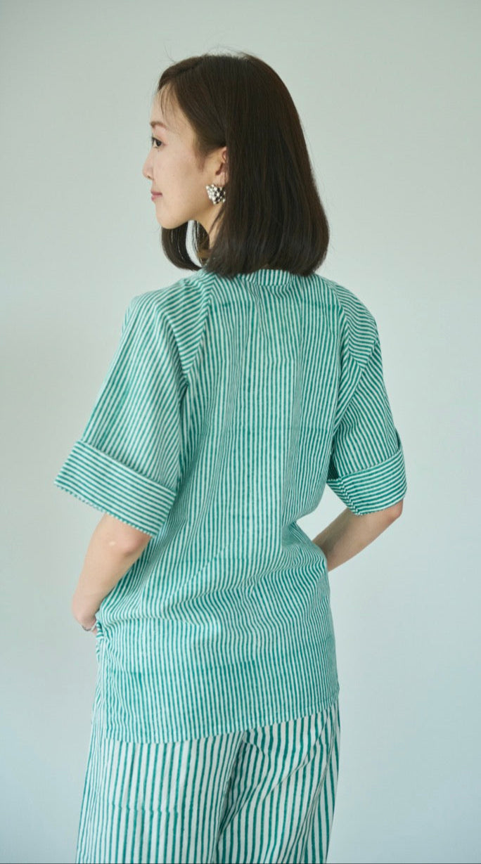 Coordinate set up in green stripes with half sleeves shirt and eslasticated drawstring pants for women, made with hand block print cotton