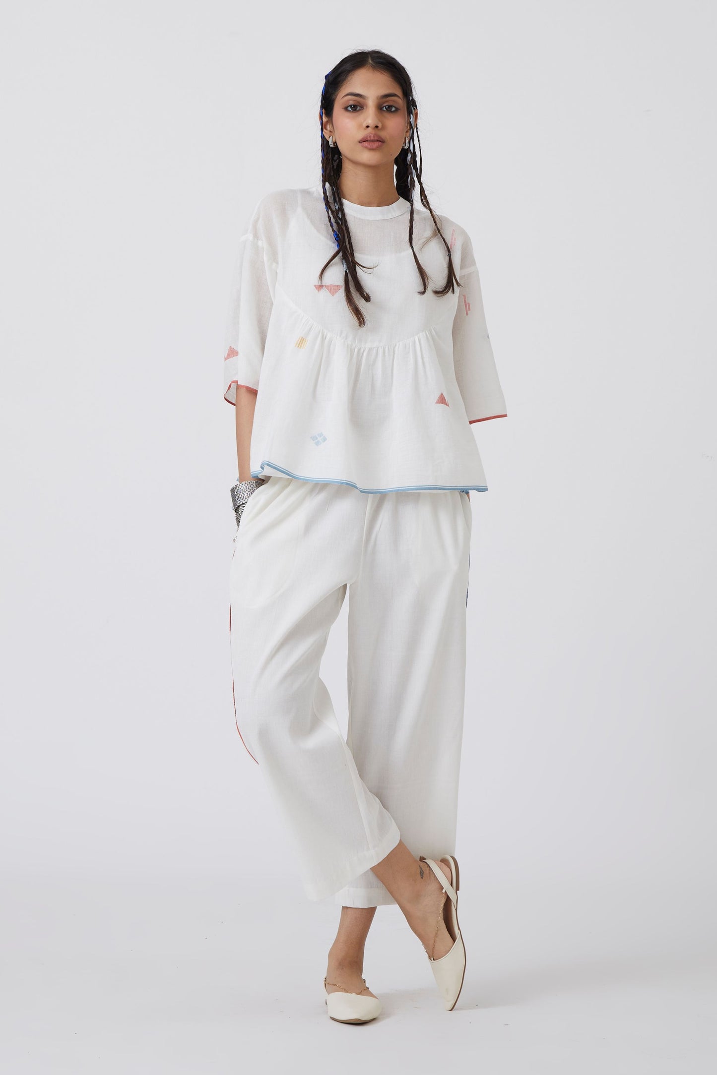 Isla handwoven jamdani cotton top with organic cotton pants set