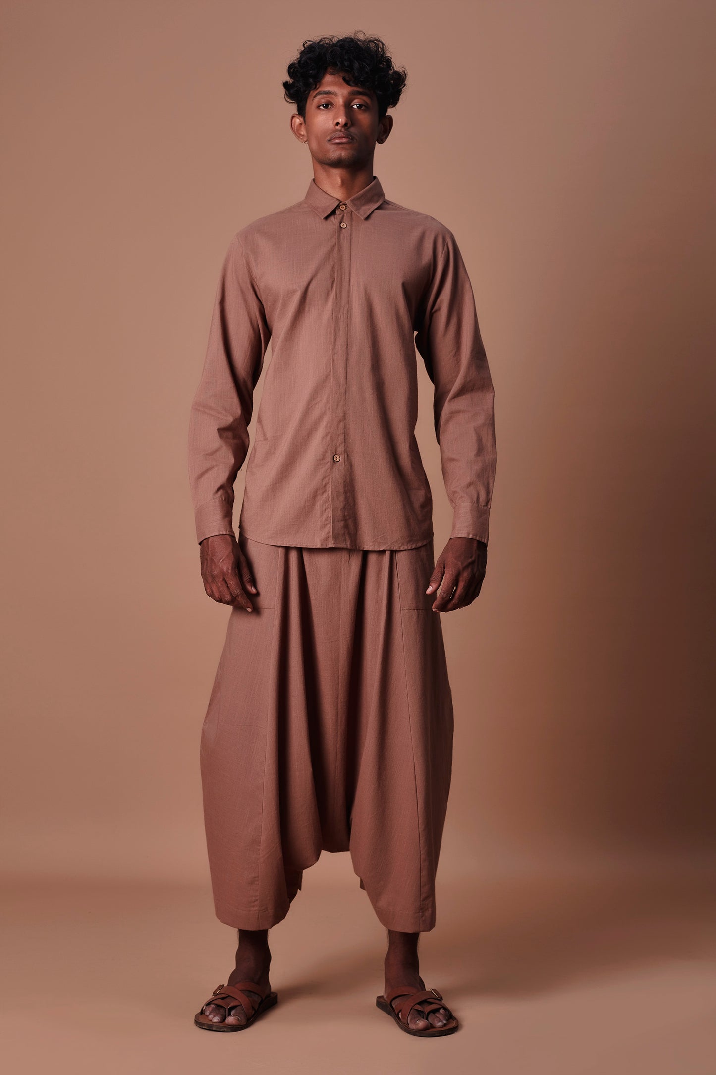 Double button shirt and harem pants set - brown